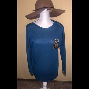 Miss 2 Day Teal L/S Blouse - Leopard Pocket & Cuffs - Size Medium